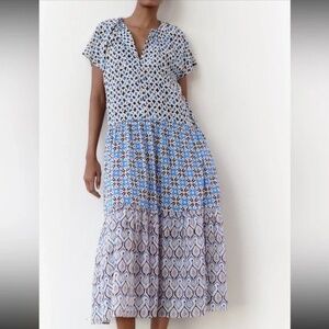 Zara Blue and White Patterned Midi Dress